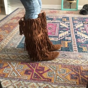 Brown suede fringe boots